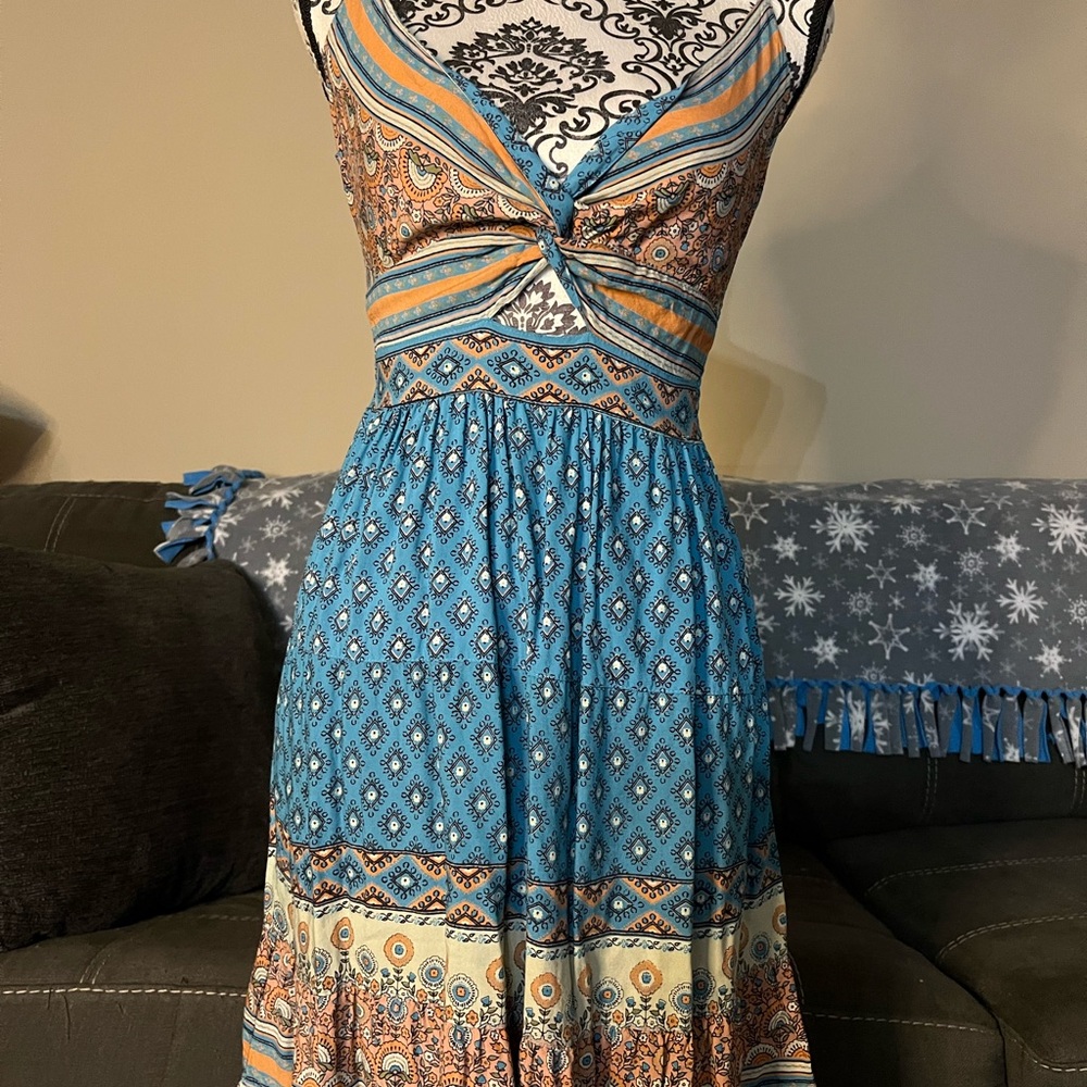 Angie Boho Y2K Fashion Midi Dress Fairy  Smocked Back Twist Front Festival